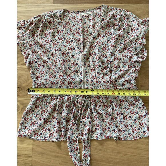 Max Studio Blouse Size 2X Red Blue Floral V Neck Ruffle Peplum Boho Waist Tie - Picture 14 of 16